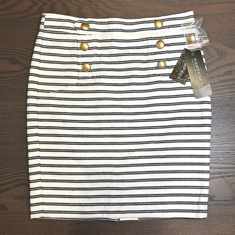 Rampage Nautical Black and Cream Striped Skirt w/Gold Buttons Women's Size 0